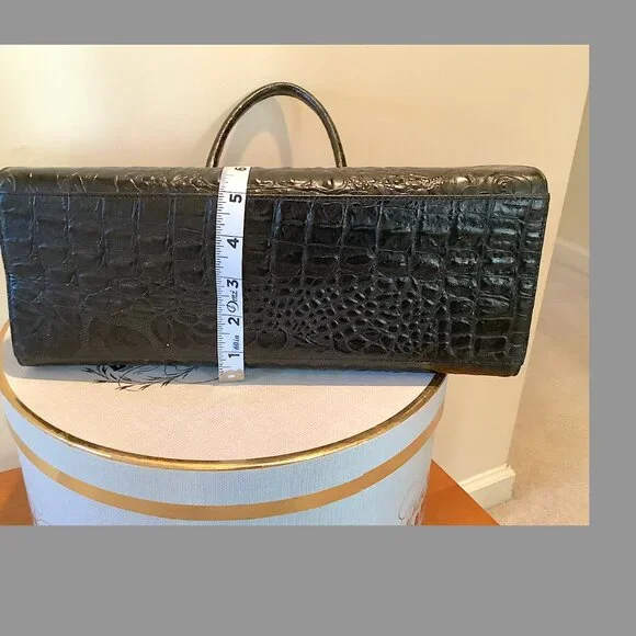 Ann Taylor Black embossed  crocodile  leather  top handle, framed satchel bag - Picture 7 of 13